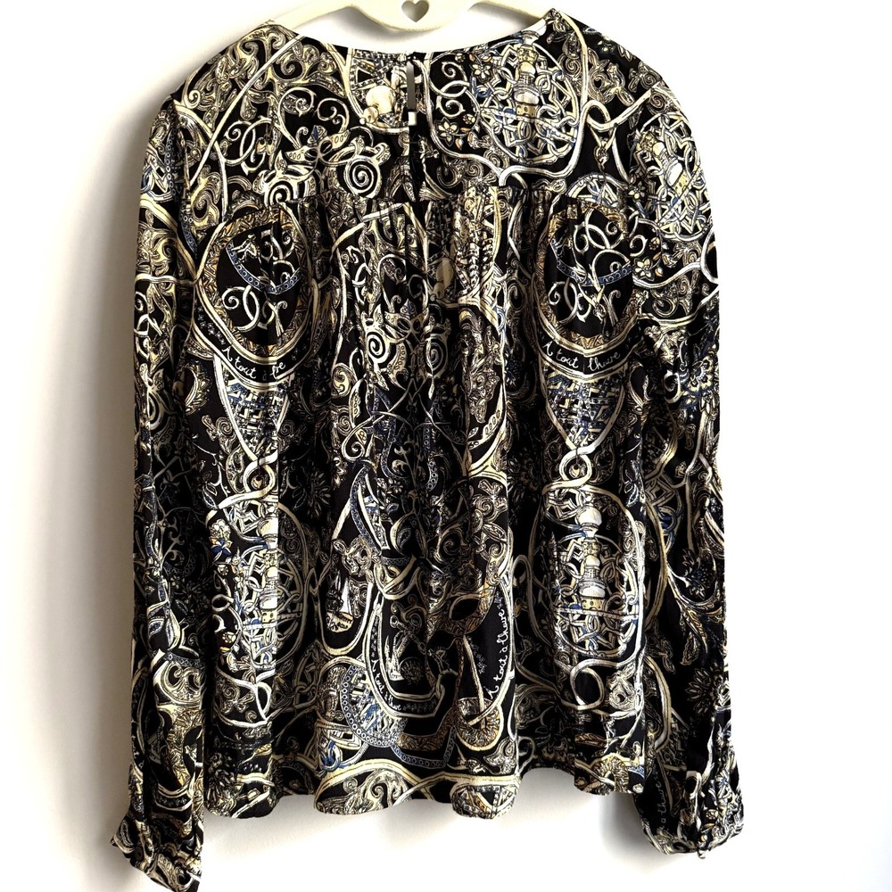 H&M Regency Goth Floral Paisley Top 6 Black Gold Crepe Blouse Peasant Dressy - Picture 3 of 10